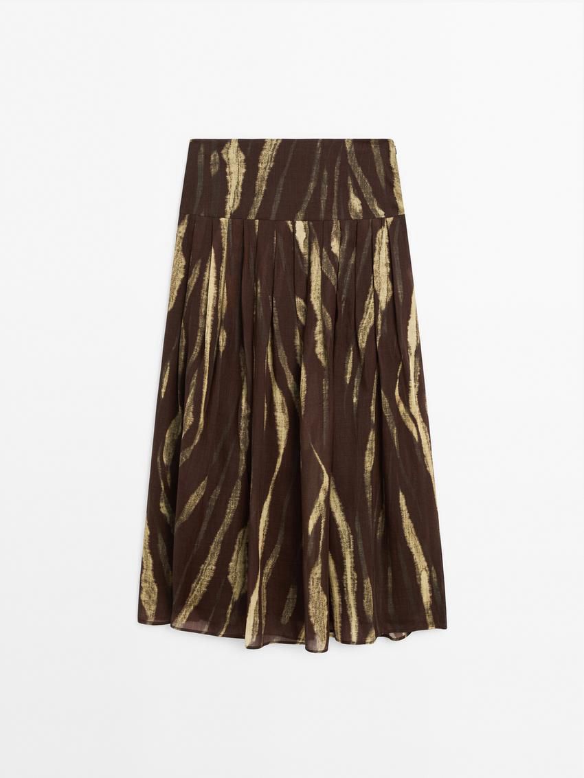 Massimo Dutti Printed Pleated Ramie Blend Women Skirts Dark Brown / Green | US-EI8067243