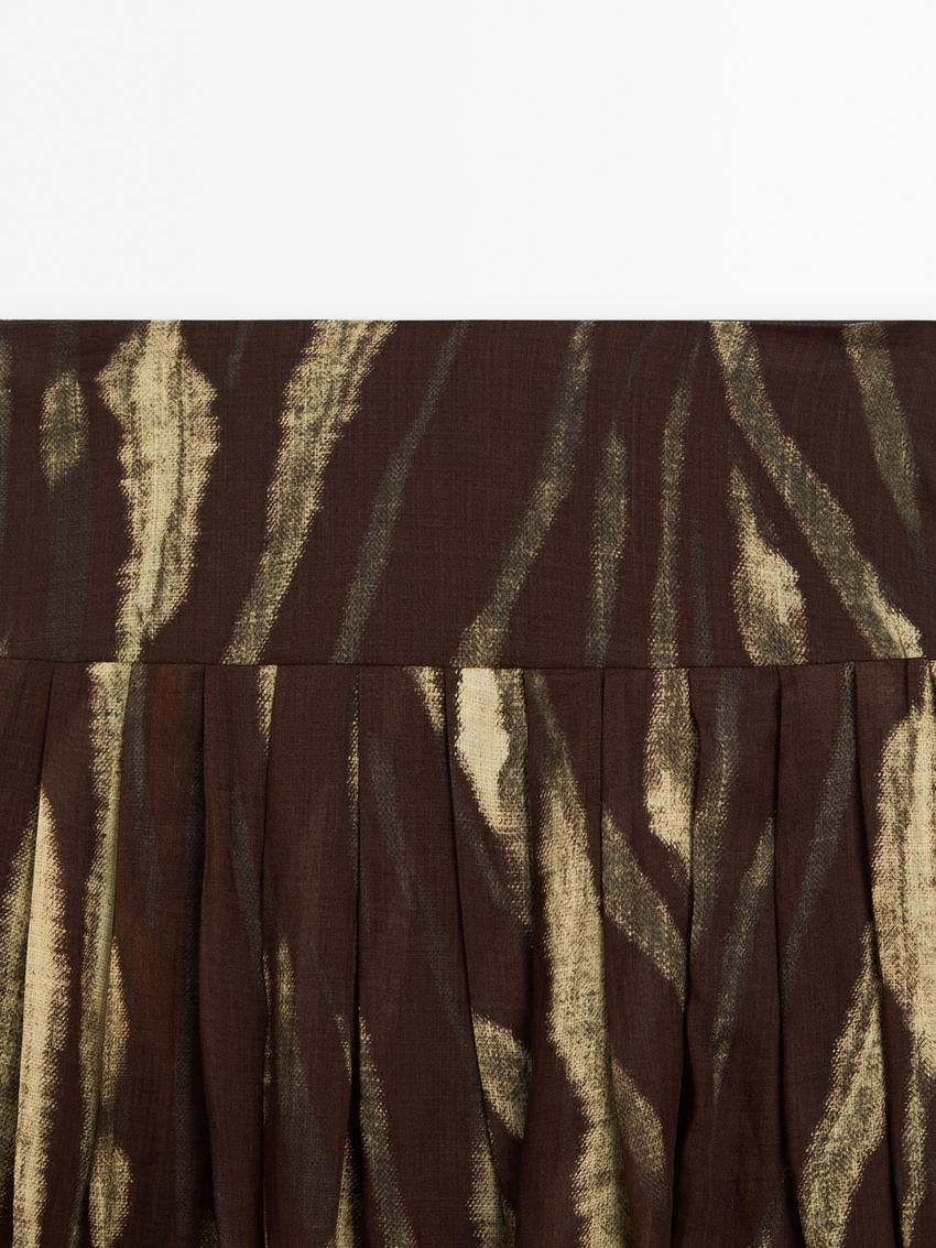 Massimo Dutti Printed Pleated Ramie Blend Women Skirts Dark Brown / Green | US-EI8067243
