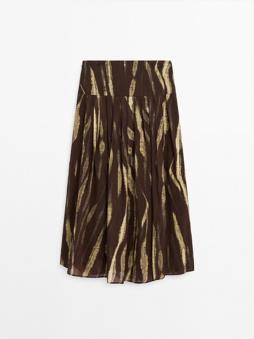 Massimo Dutti Printed Pleated Ramie Blend Women Skirts Dark Brown / Green | US-EI8067243