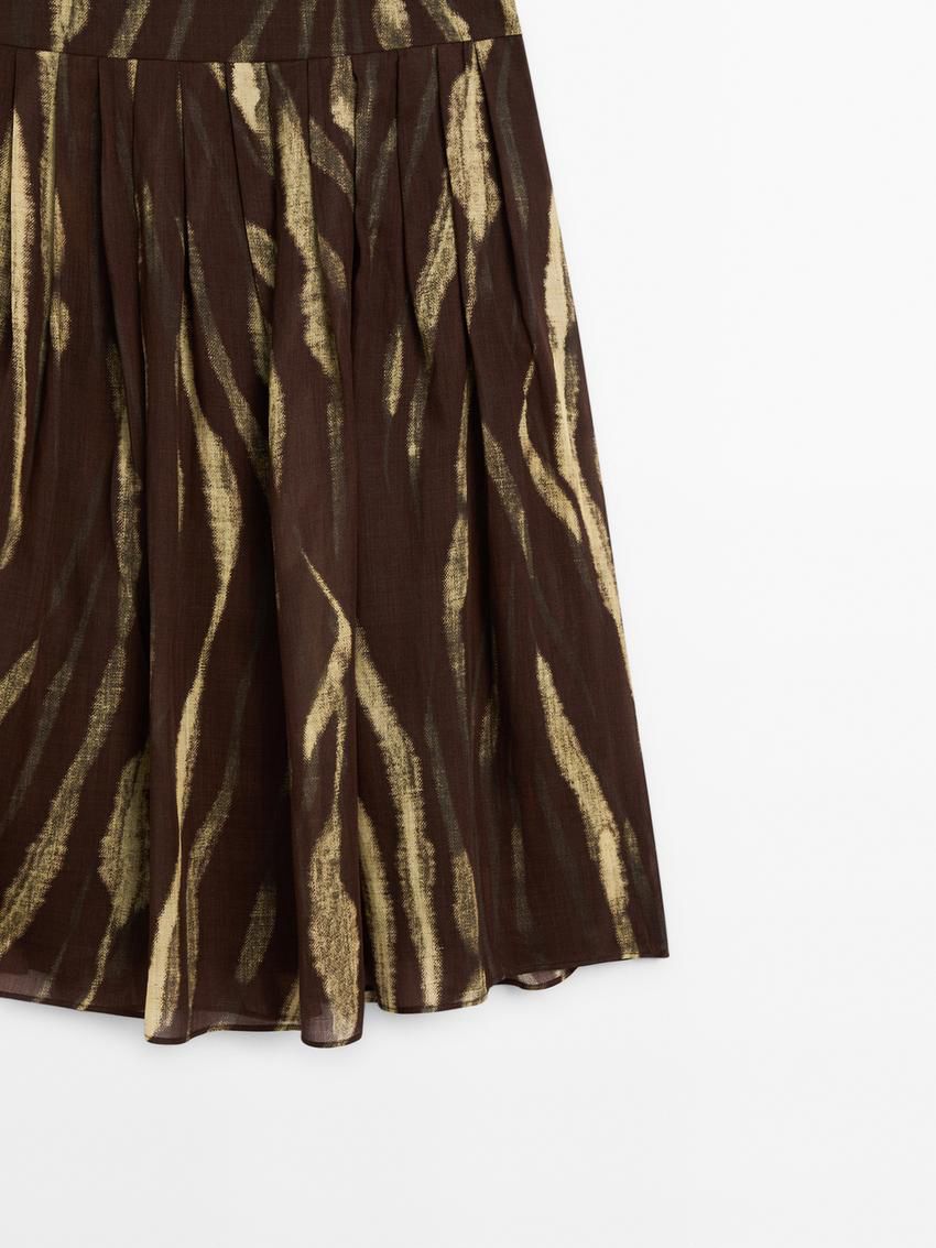 Massimo Dutti Printed Pleated Ramie Blend Women Skirts Dark Brown / Green | US-EI8067243