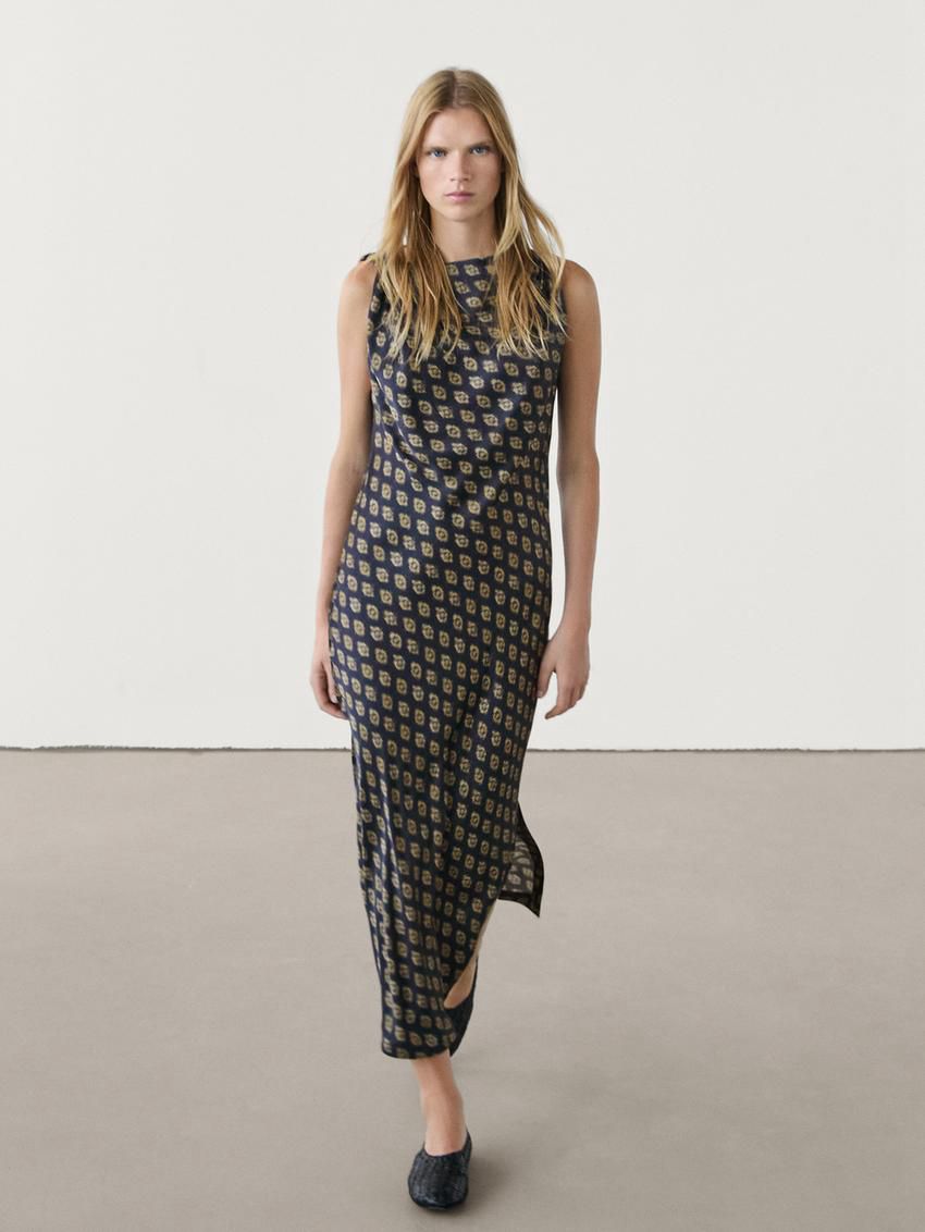 Massimo Dutti Printed Satin Midi Women Dress Navy / Brown | US-KD5039248