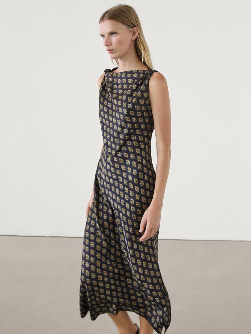 Massimo Dutti Printed Satin Midi Women Dress Navy / Brown | US-KD5039248