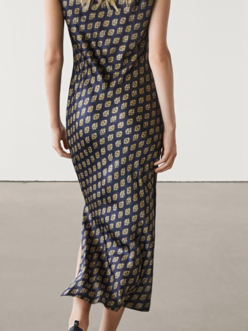 Massimo Dutti Printed Satin Midi Women Dress Navy / Brown | US-KD5039248