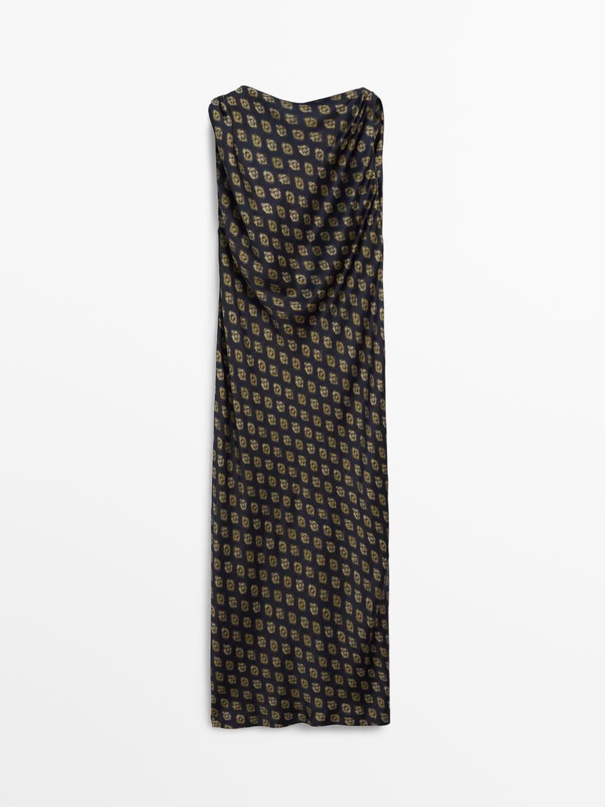 Massimo Dutti Printed Satin Midi Women Dress Navy / Brown | US-KD5039248