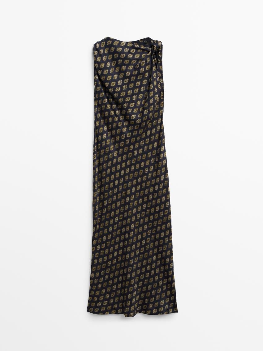 Massimo Dutti Printed Satin Midi Women Dress Navy / Brown | US-KD5039248