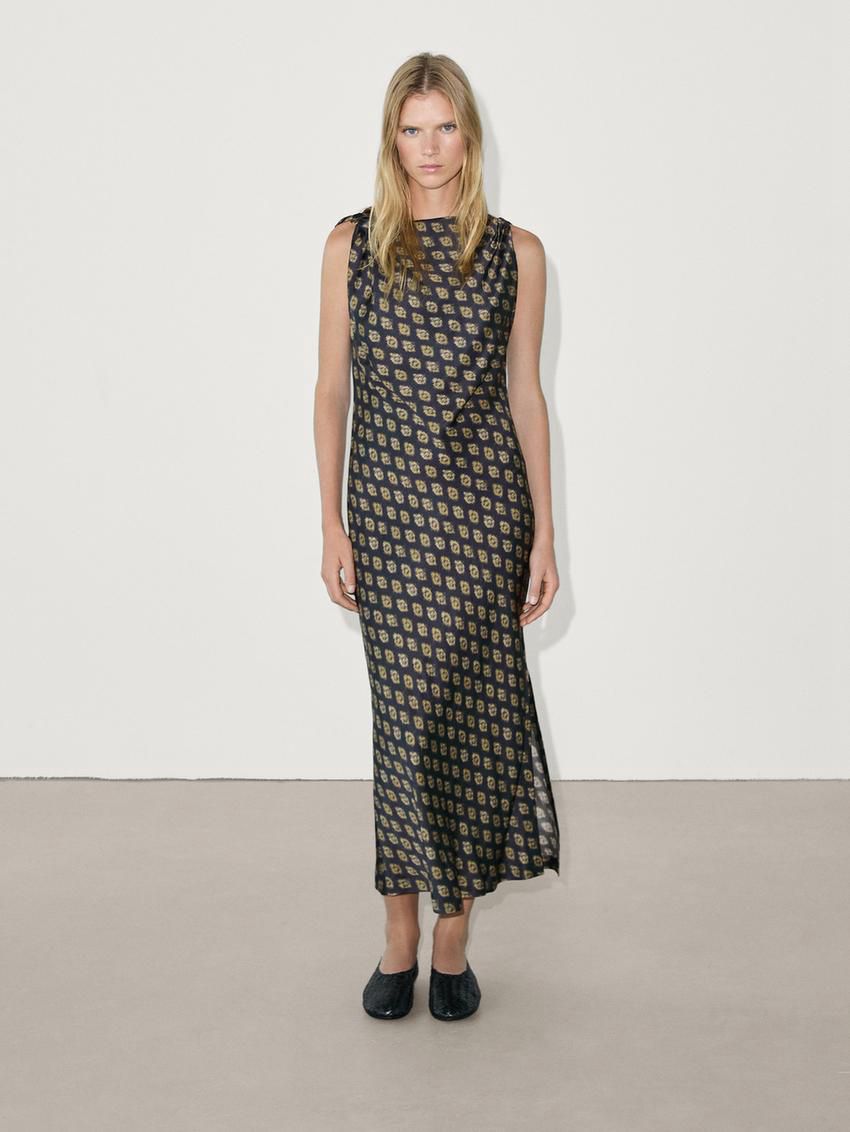 Massimo Dutti Printed Satin Midi Women Dress Navy / Brown | US-KD5039248