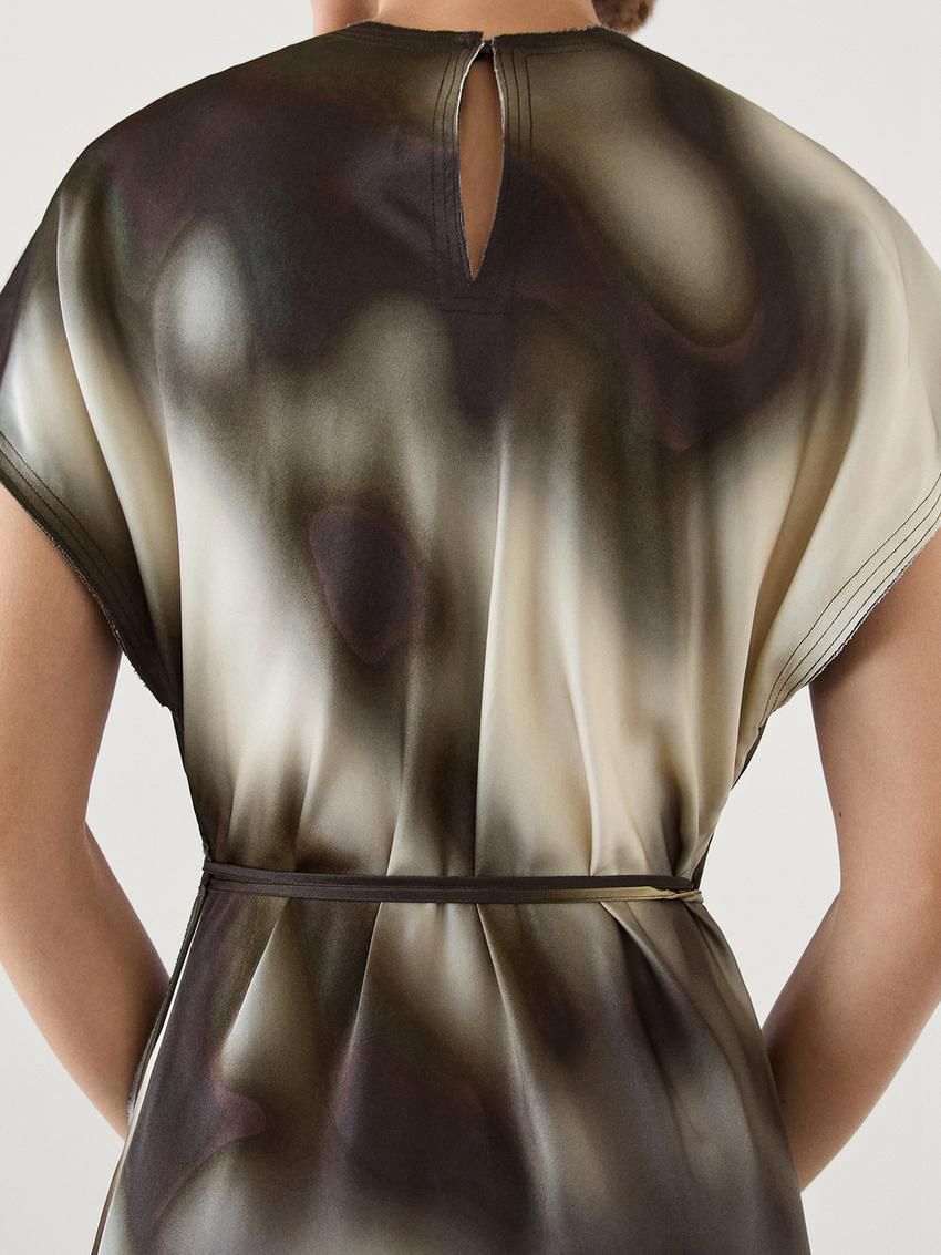 Massimo Dutti Printed Satin Midi Women Dress Navy / Cream / Dark Brown | US-GL4256931