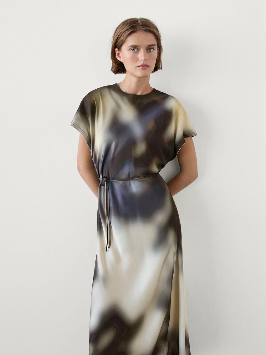 Massimo Dutti Printed Satin Midi Women Dress Navy / Cream / Dark Brown | US-GL4256931