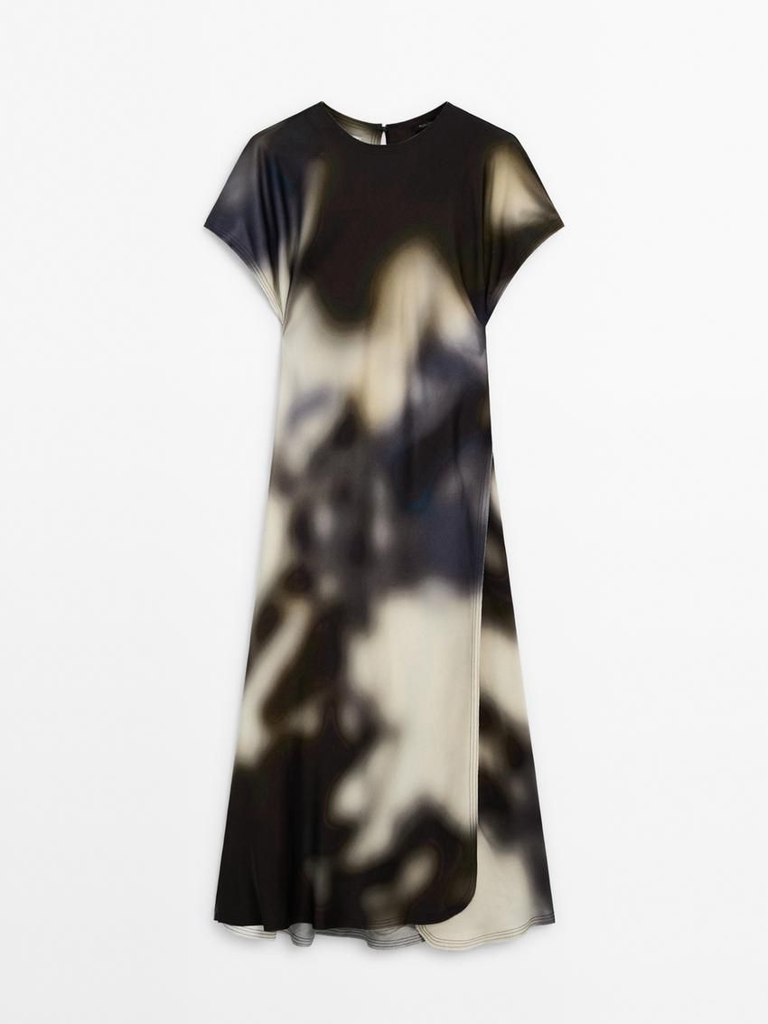 Massimo Dutti Printed Satin Midi Women Dress Navy / Cream / Dark Brown | US-GL4256931