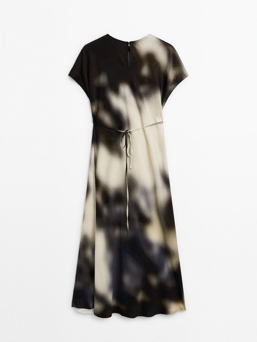 Massimo Dutti Printed Satin Midi Women Dress Navy / Cream / Dark Brown | US-GL4256931