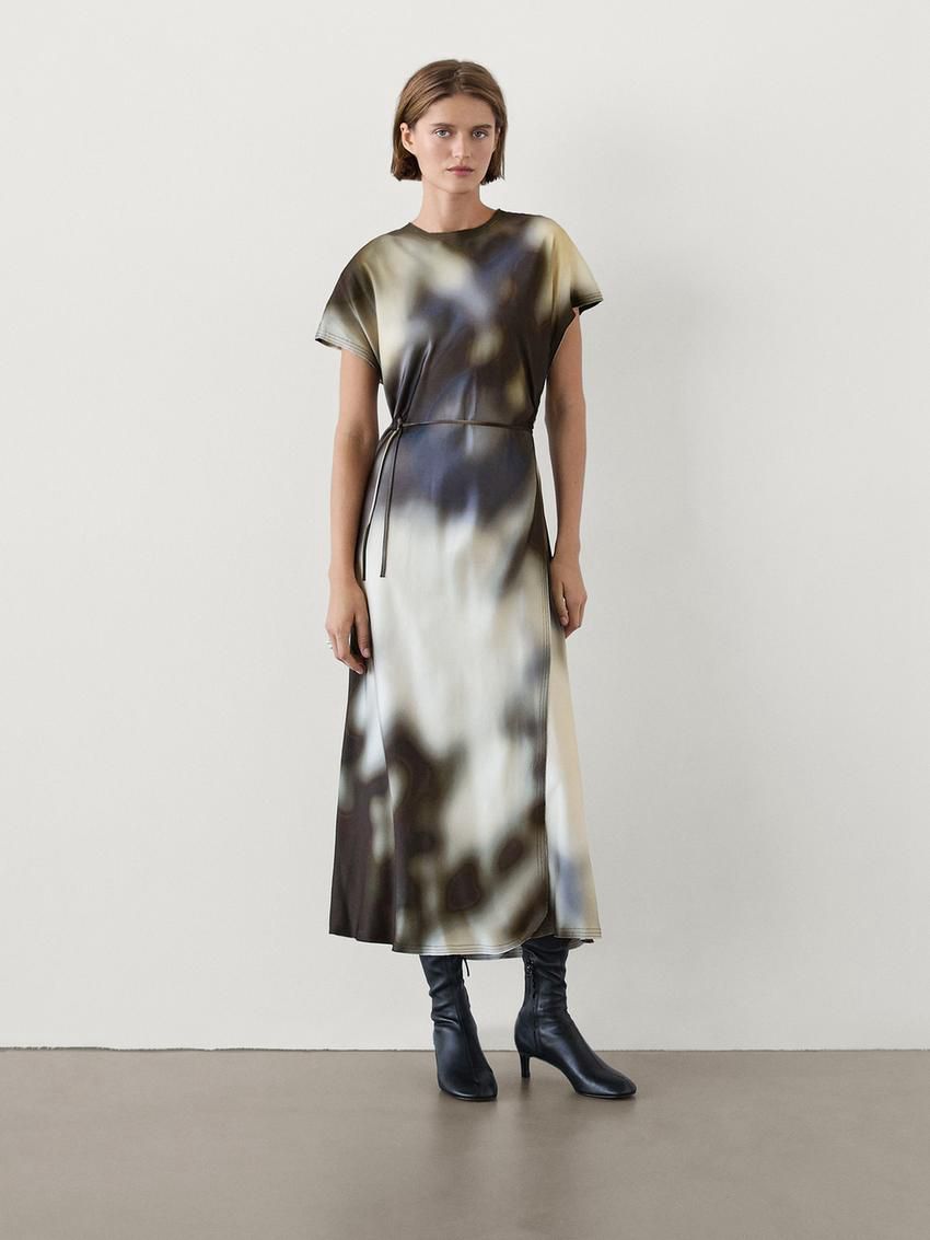 Massimo Dutti Printed Satin Midi Women Dress Navy / Cream / Dark Brown | US-GL4256931