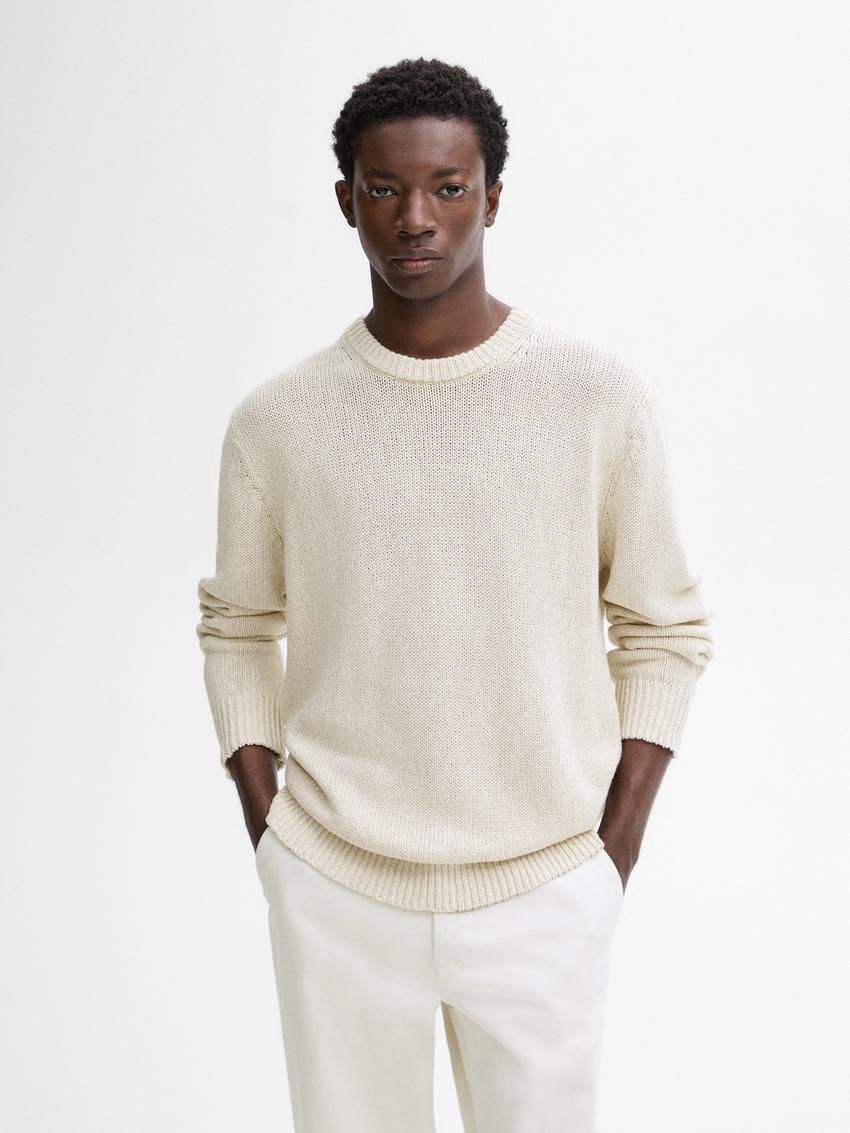 Massimo Dutti Purl Knit Cotton Men Sweater Cream | US-RO4605182
