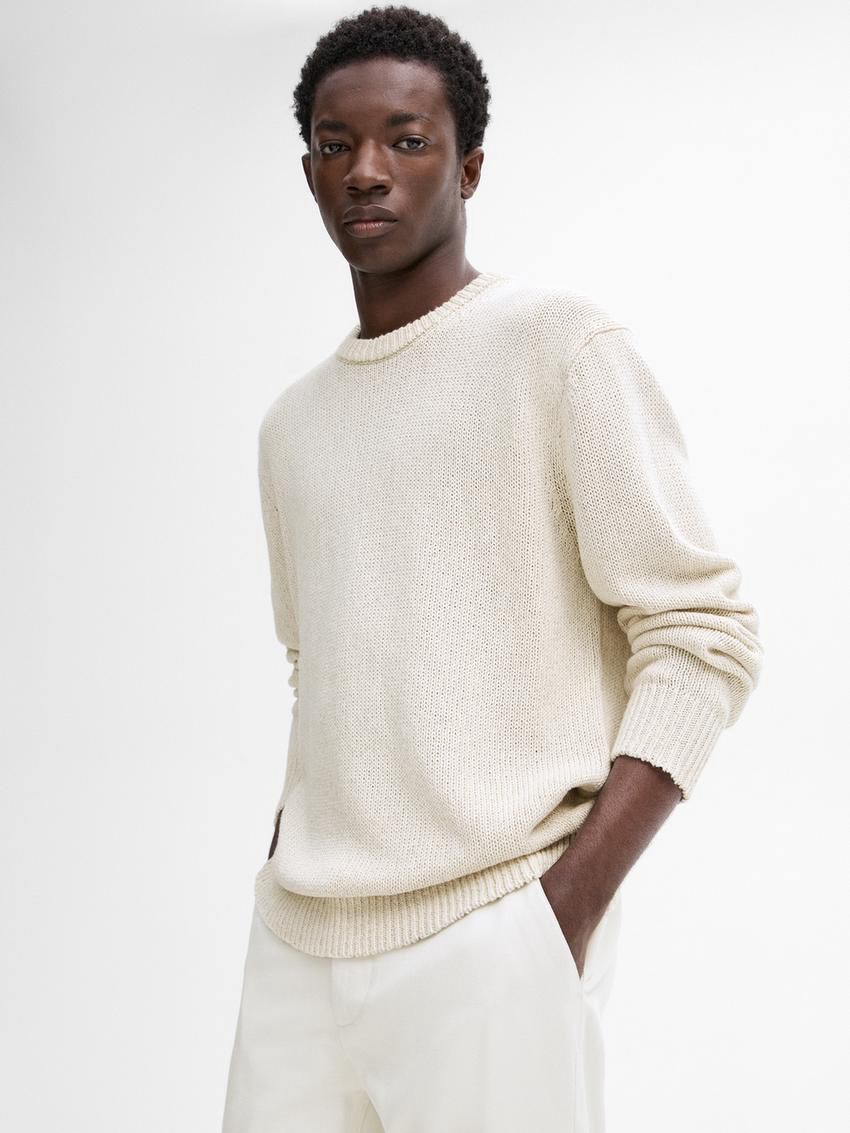 Massimo Dutti Purl Knit Cotton Men Sweater Cream | US-RO4605182