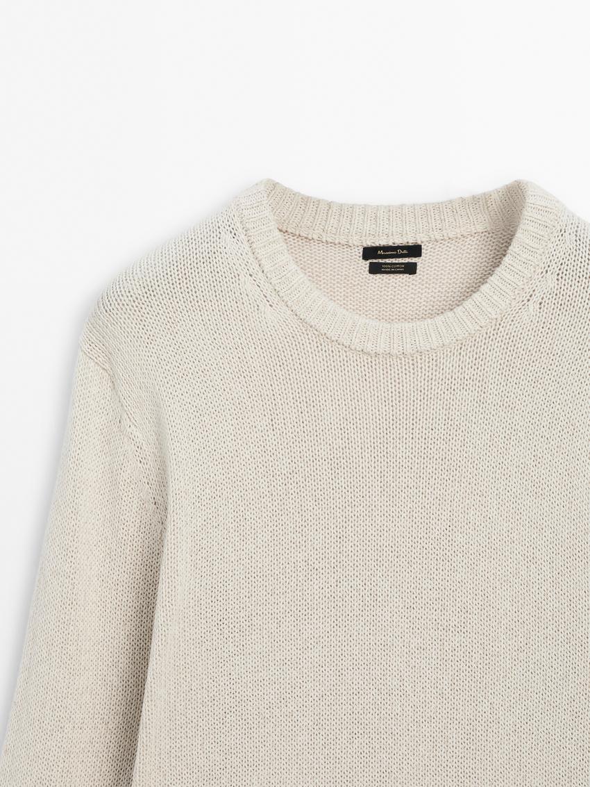Massimo Dutti Purl Knit Cotton Men Sweater Cream | US-RO4605182