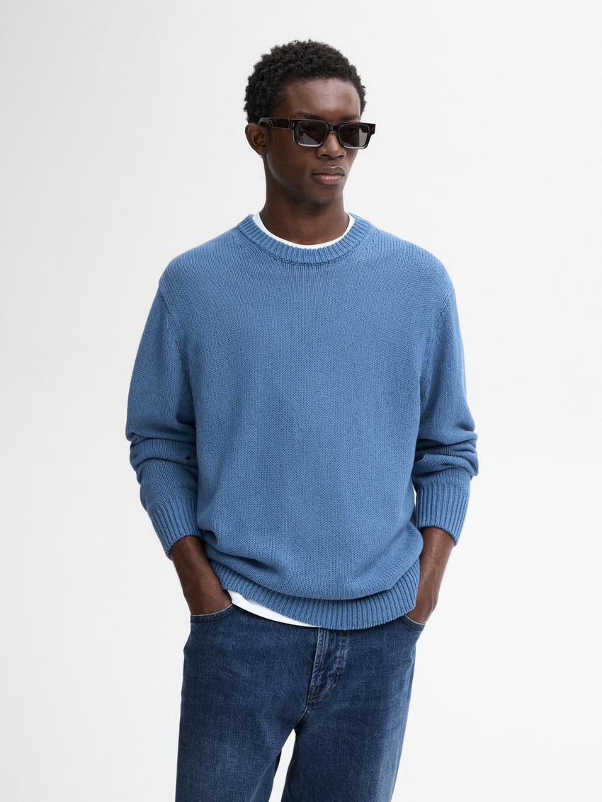 Massimo Dutti Purl Knit Cotton Men Sweater Blue | US-YO0346578
