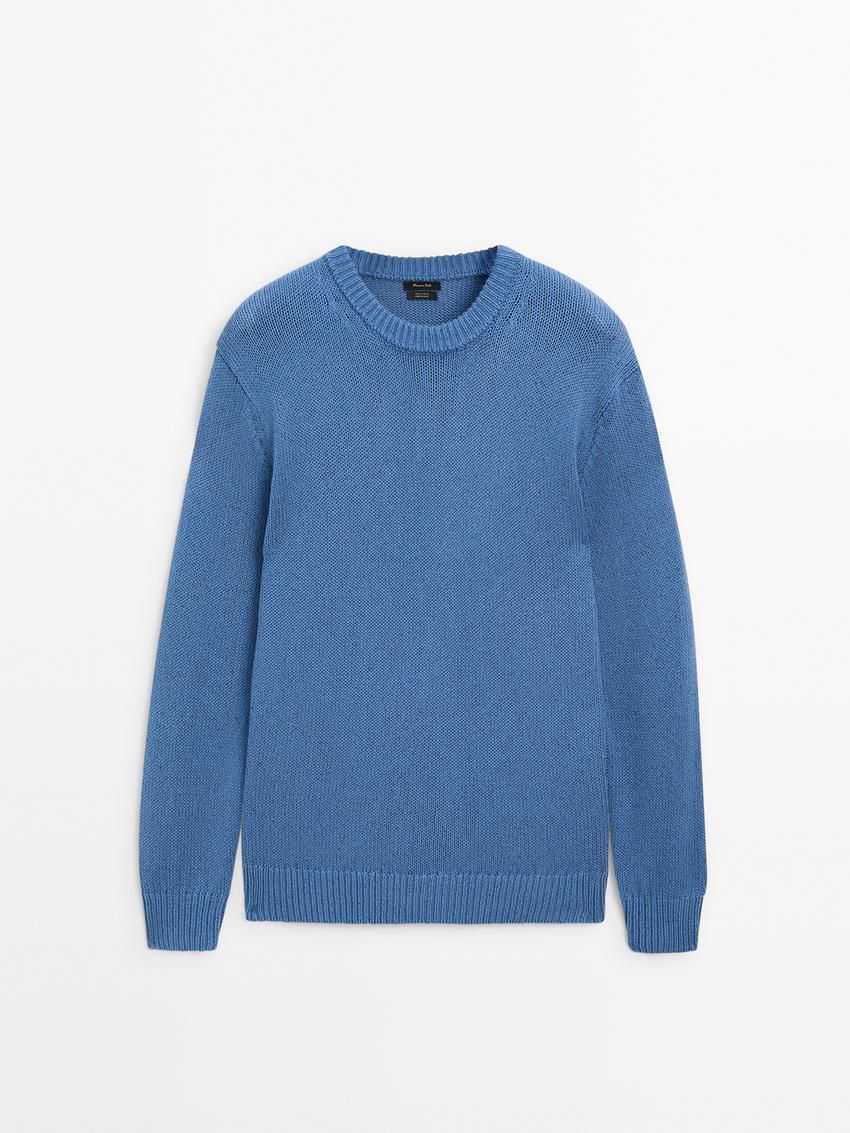Massimo Dutti Purl Knit Cotton Men Sweater Blue | US-YO0346578
