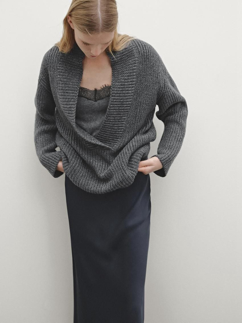 Massimo Dutti Purl Knit Scoop Neck Women Sweater Grey | US-SK9026145