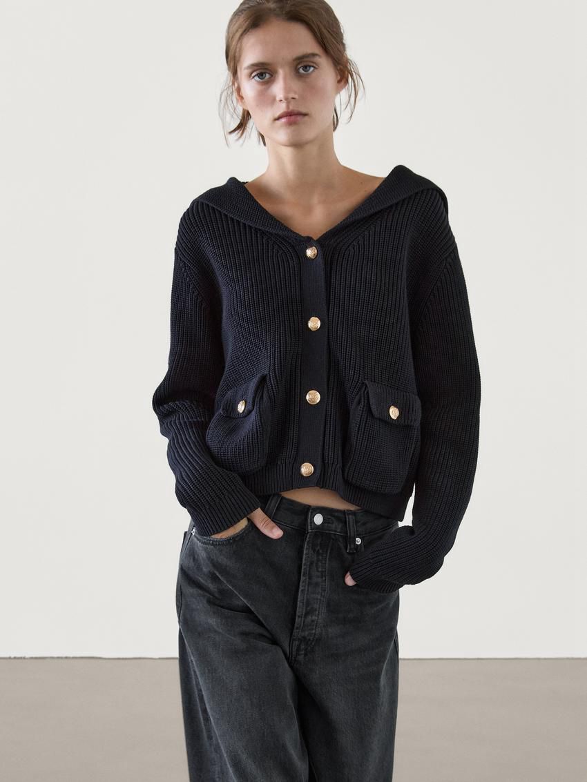 Massimo Dutti Purl Knit With Gold Buttons Women Cardigan Navy | US-CA6420915