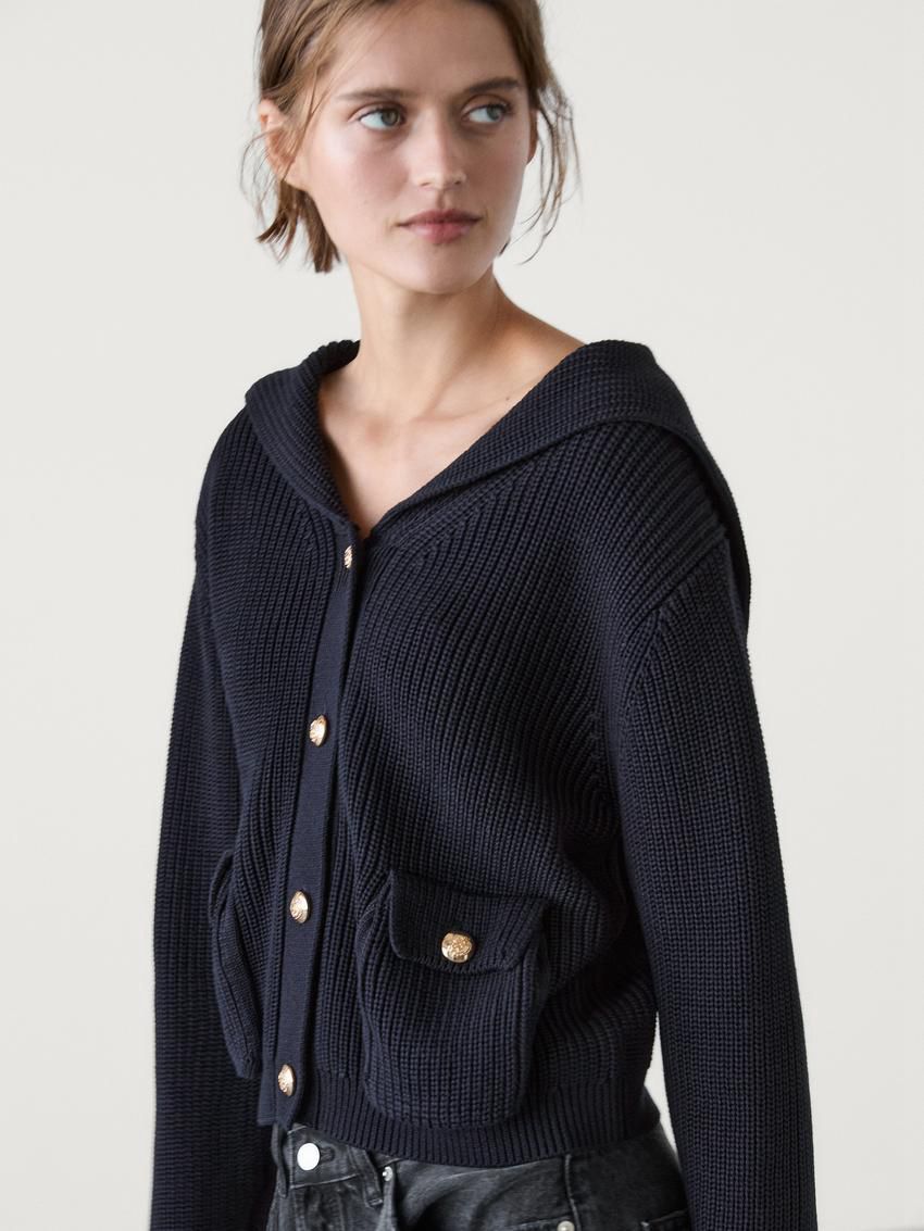Massimo Dutti Purl Knit With Gold Buttons Women Cardigan Navy | US-CA6420915