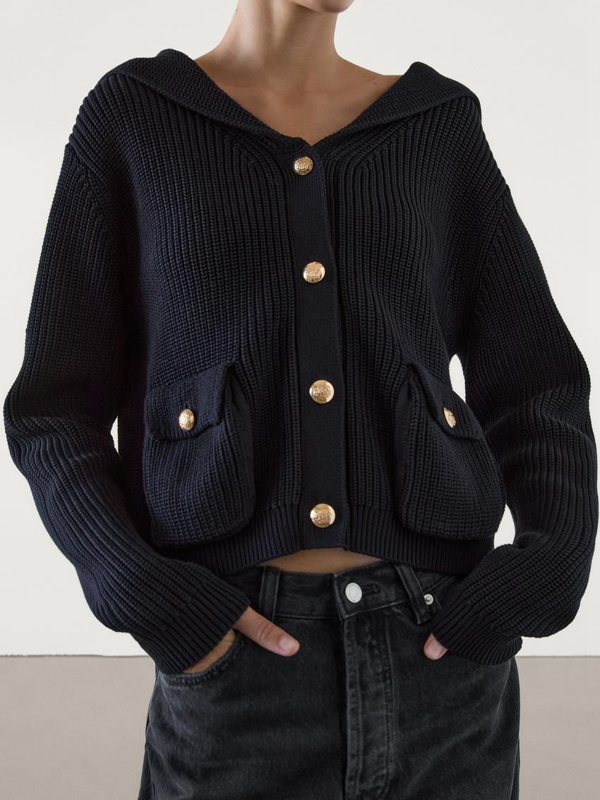 Massimo Dutti Purl Knit With Gold Buttons Women Cardigan Navy | US-CA6420915