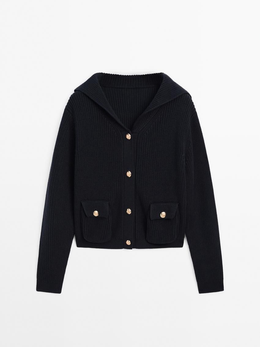 Massimo Dutti Purl Knit With Gold Buttons Women Cardigan Navy | US-CA6420915