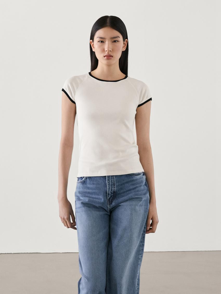 Massimo Dutti Raglan Sleeve With Contrast Piping Women T-Shirt Cream | US-QL1647902
