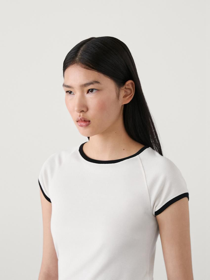 Massimo Dutti Raglan Sleeve With Contrast Piping Women T-Shirt Cream | US-QL1647902
