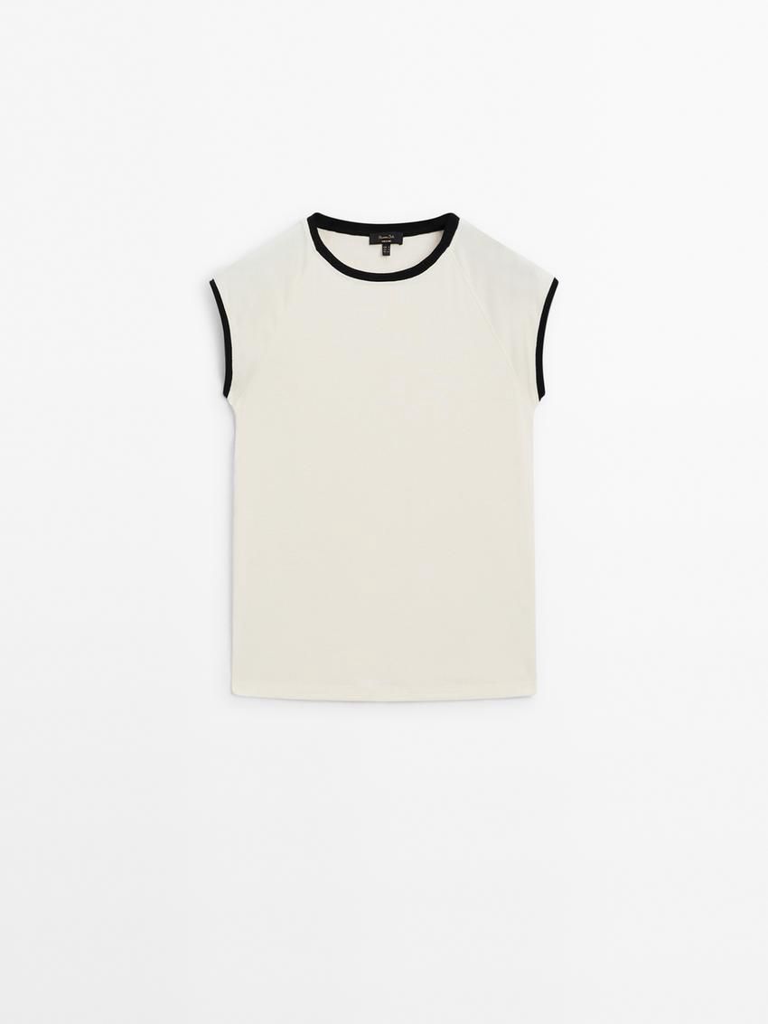 Massimo Dutti Raglan Sleeve With Contrast Piping Women T-Shirt Cream | US-QL1647902