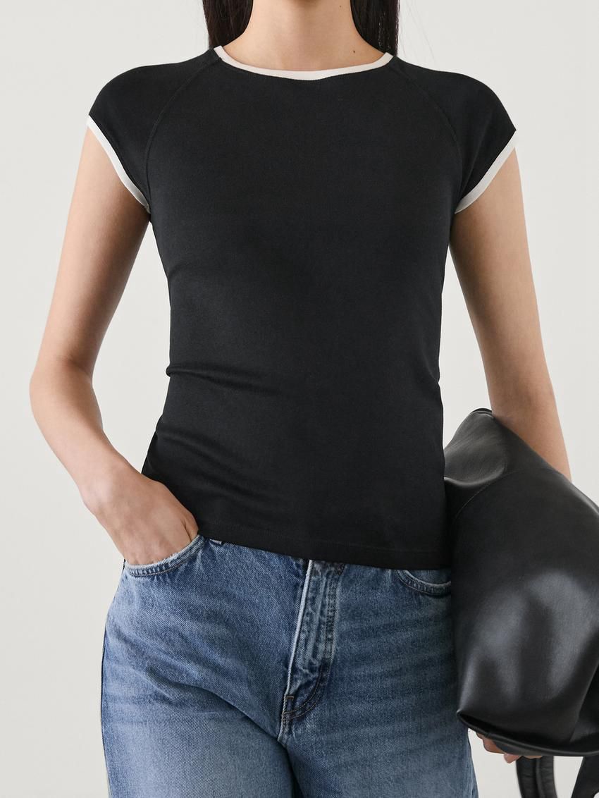 Massimo Dutti Raglan Sleeve With Contrast Piping Women T-Shirt Black | US-ND0532497
