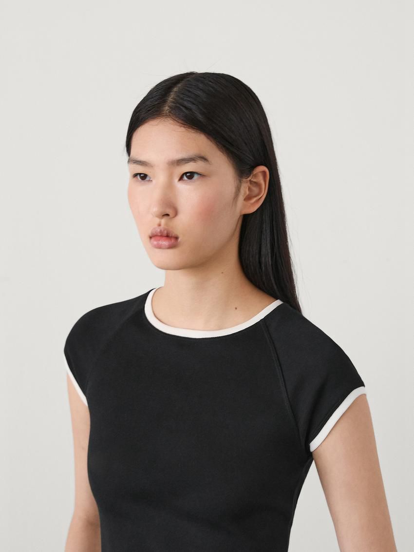 Massimo Dutti Raglan Sleeve With Contrast Piping Women T-Shirt Black | US-ND0532497