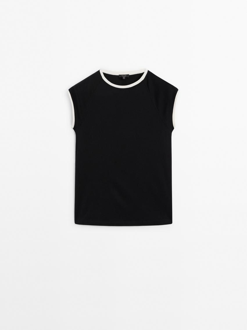 Massimo Dutti Raglan Sleeve With Contrast Piping Women T-Shirt Black | US-ND0532497
