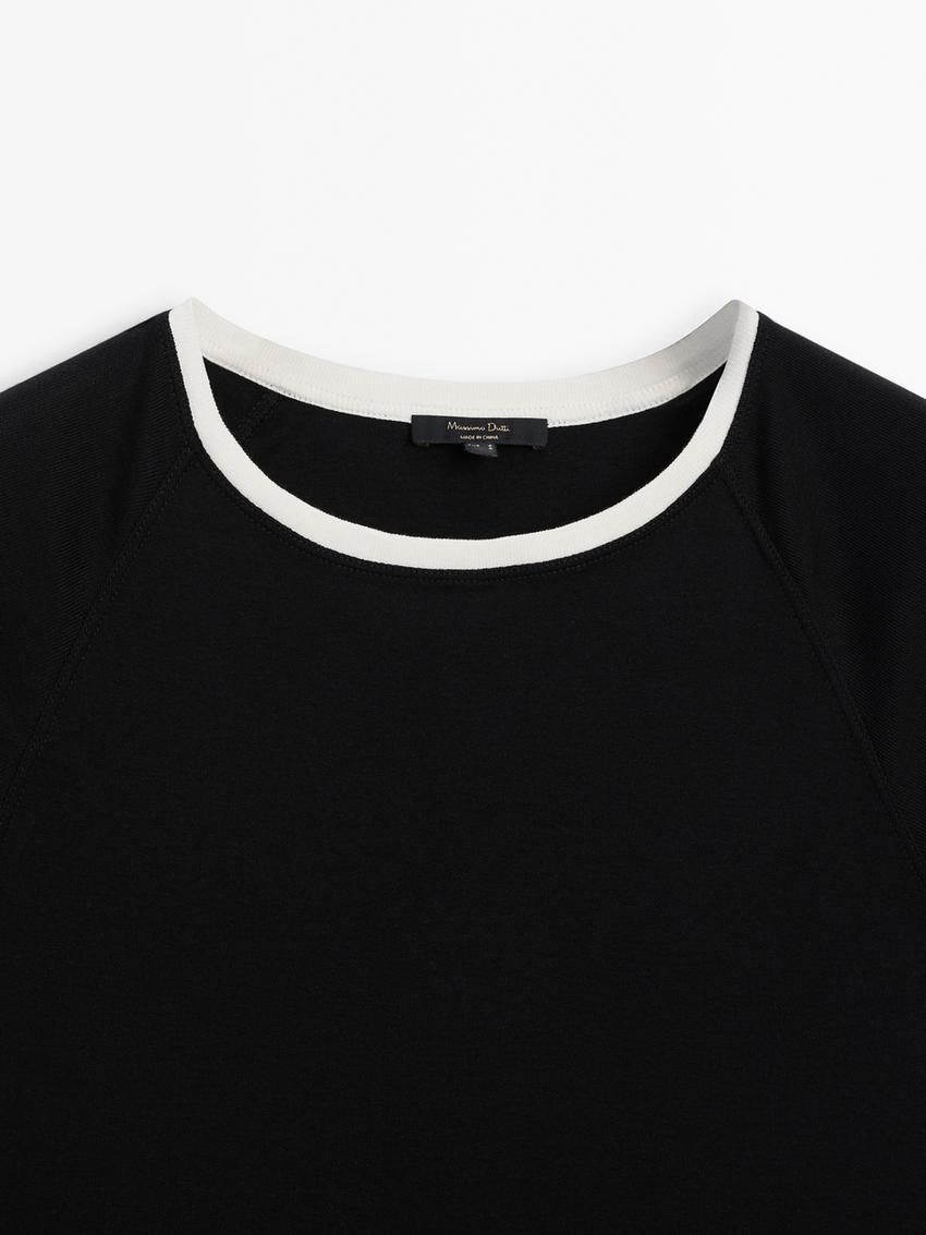 Massimo Dutti Raglan Sleeve With Contrast Piping Women T-Shirt Black | US-ND0532497