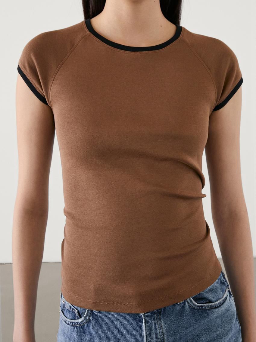 Massimo Dutti Raglan Sleeve With Contrast Piping Women T-Shirt Brown | US-VA6502849