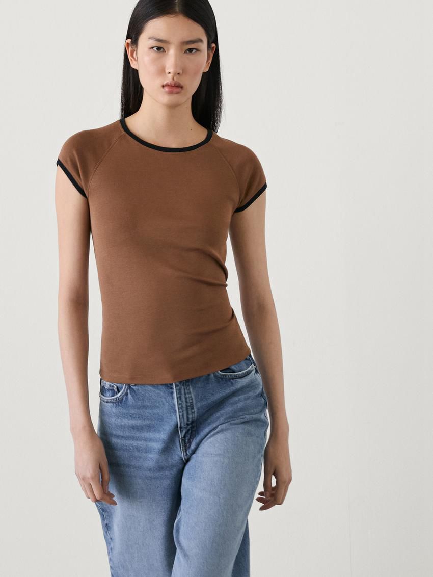 Massimo Dutti Raglan Sleeve With Contrast Piping Women T-Shirt Brown | US-VA6502849