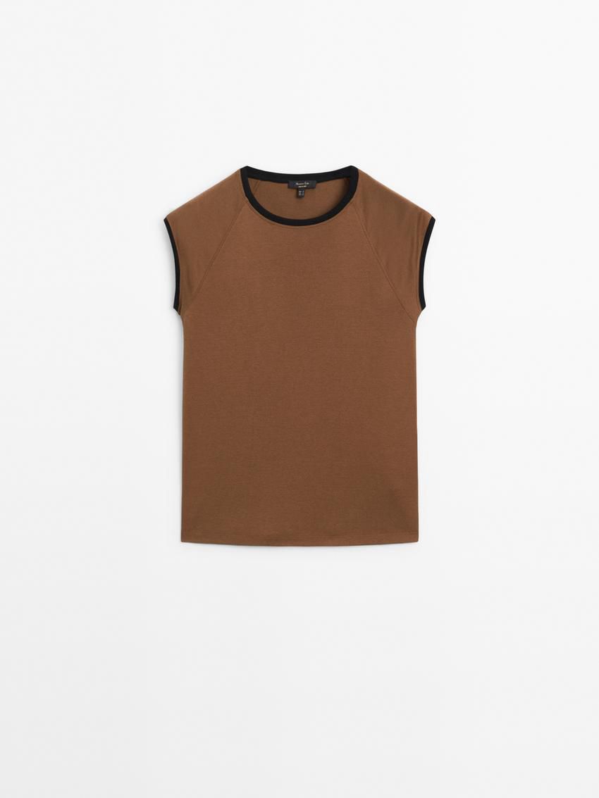 Massimo Dutti Raglan Sleeve With Contrast Piping Women T-Shirt Brown | US-VA6502849