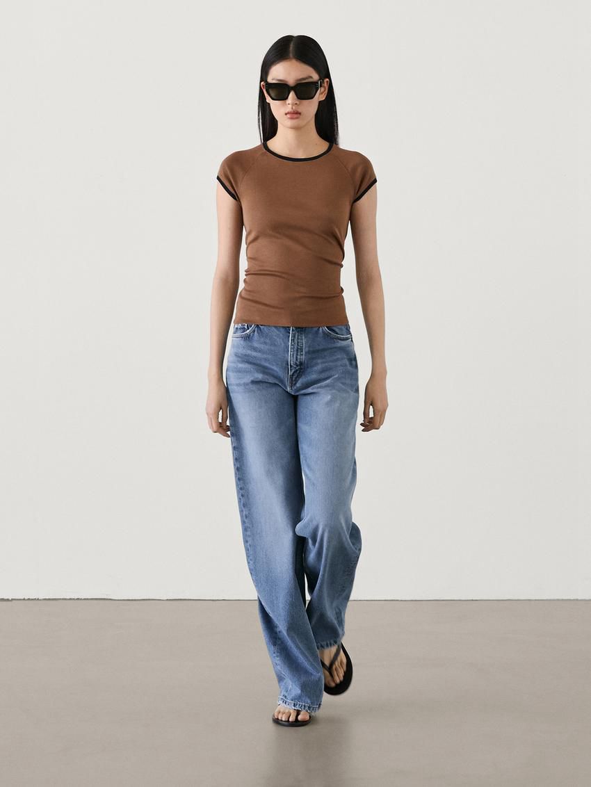 Massimo Dutti Raglan Sleeve With Contrast Piping Women T-Shirt Brown | US-VA6502849