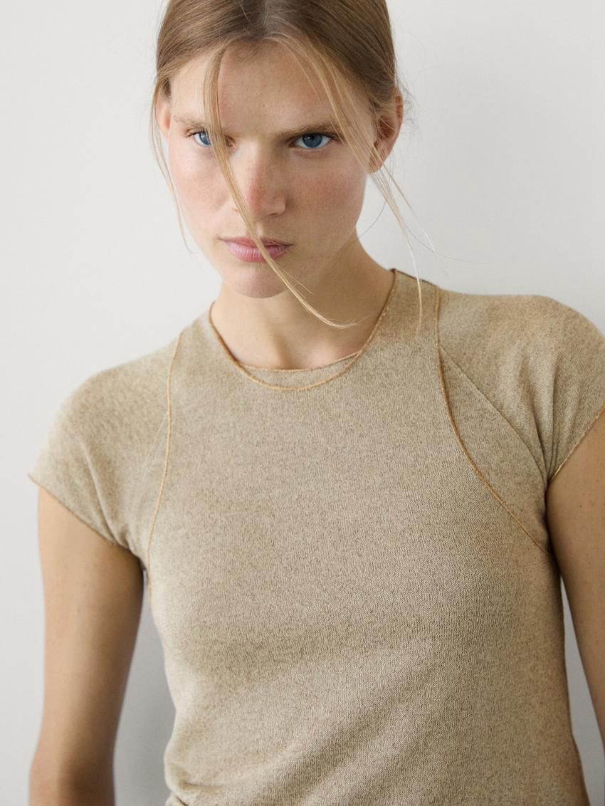 Massimo Dutti Raglan Sleeve With Metallic Trim Women T-Shirt Khaki | US-HO3819465