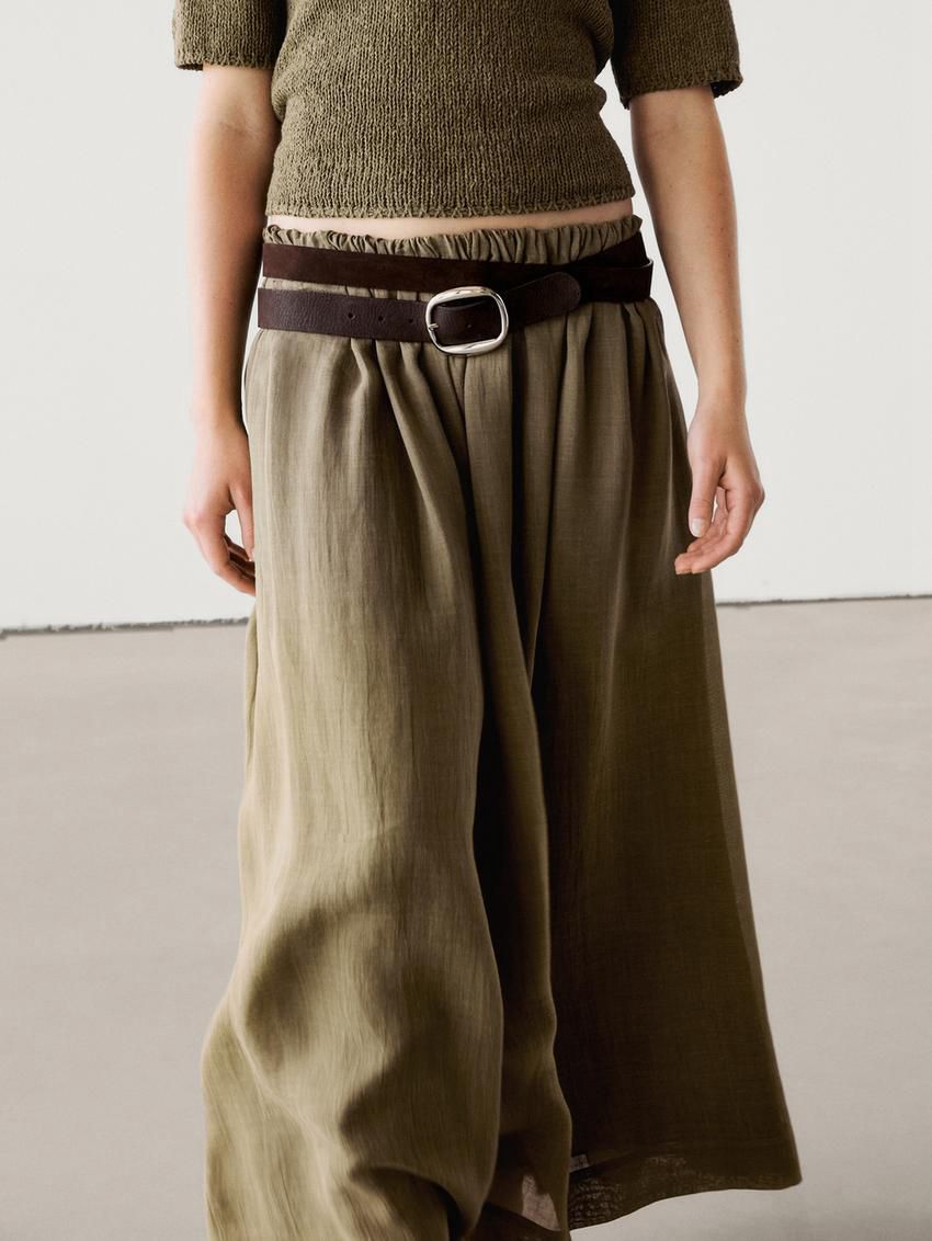 Massimo Dutti Ramie And Lyocell Blend Long Flounce Women Skirts Olive | US-FD8605412