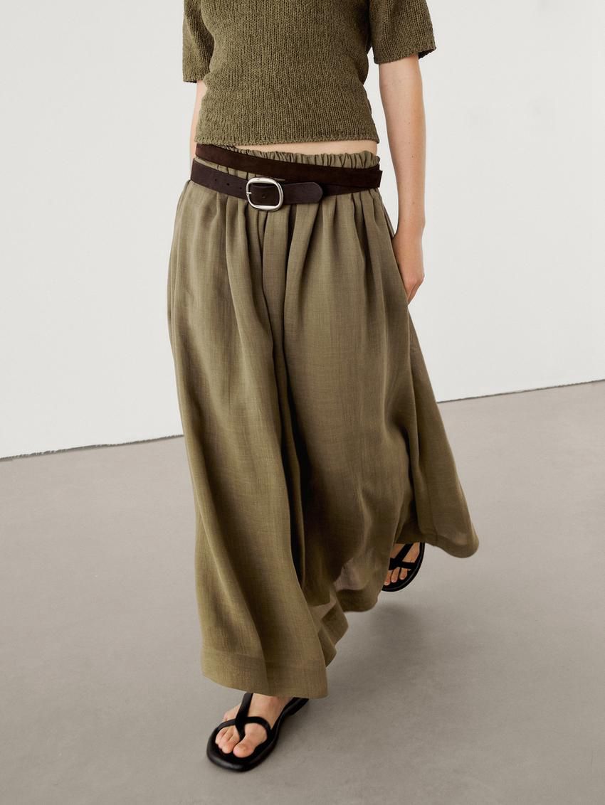 Massimo Dutti Ramie And Lyocell Blend Long Flounce Women Skirts Olive | US-FD8605412