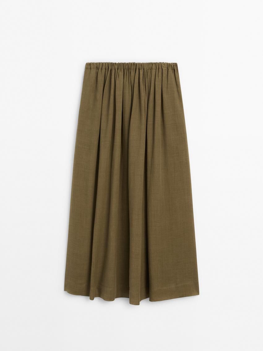 Massimo Dutti Ramie And Lyocell Blend Long Flounce Women Skirts Olive | US-FD8605412