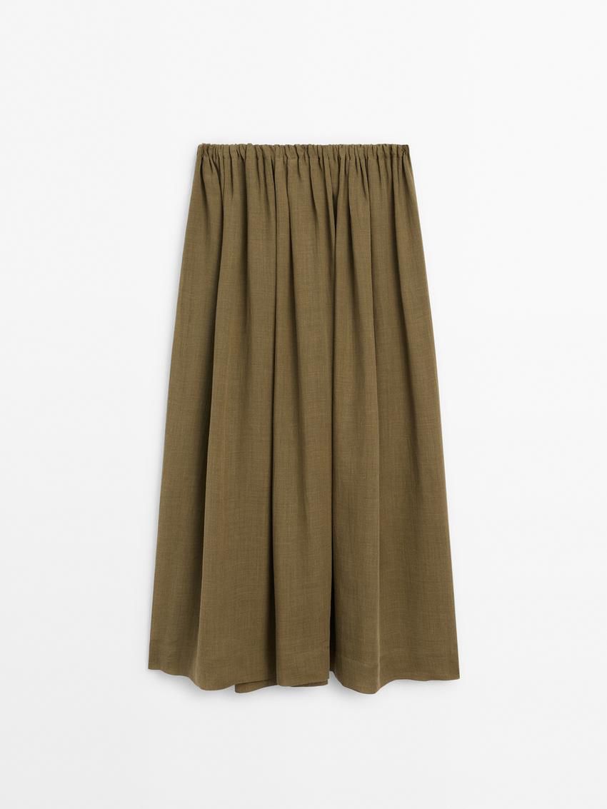 Massimo Dutti Ramie And Lyocell Blend Long Flounce Women Skirts Olive | US-FD8605412