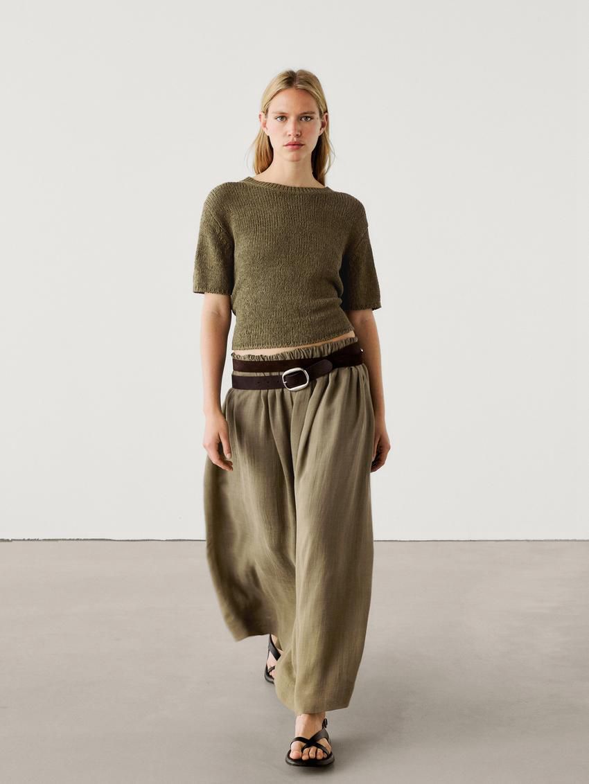 Massimo Dutti Ramie And Lyocell Blend Long Flounce Women Skirts Olive | US-FD8605412