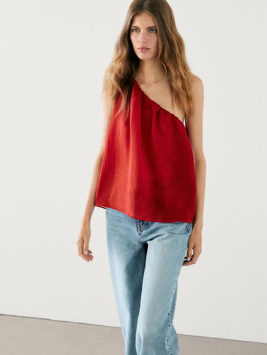 Massimo Dutti Ramie And Lyocell Blend With Asymmetric Neckline Women Top Red | US-NZ6894032
