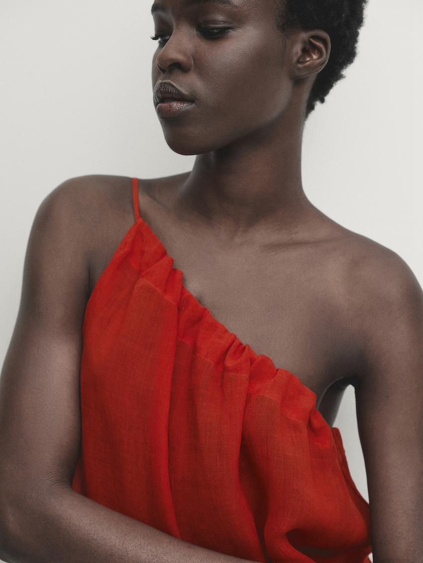 Massimo Dutti Ramie And Lyocell Blend With Asymmetric Neckline Women Top Red | US-NZ6894032