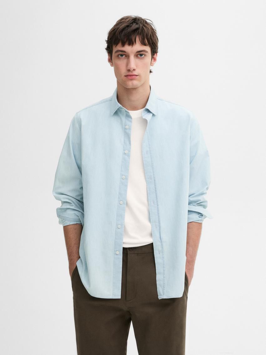Massimo Dutti Regular Fit Bleach Denim Men Shirts Light Blue | US-HD4598631