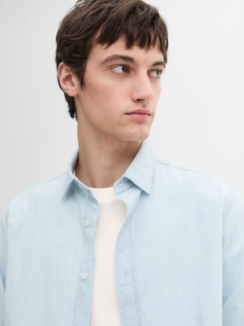 Massimo Dutti Regular Fit Bleach Denim Men Shirts Light Blue | US-HD4598631