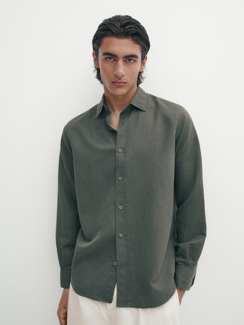 Massimo Dutti Regular Fit Cotton And Linen Blend Twill Men Shirts Green | US-FO6847209