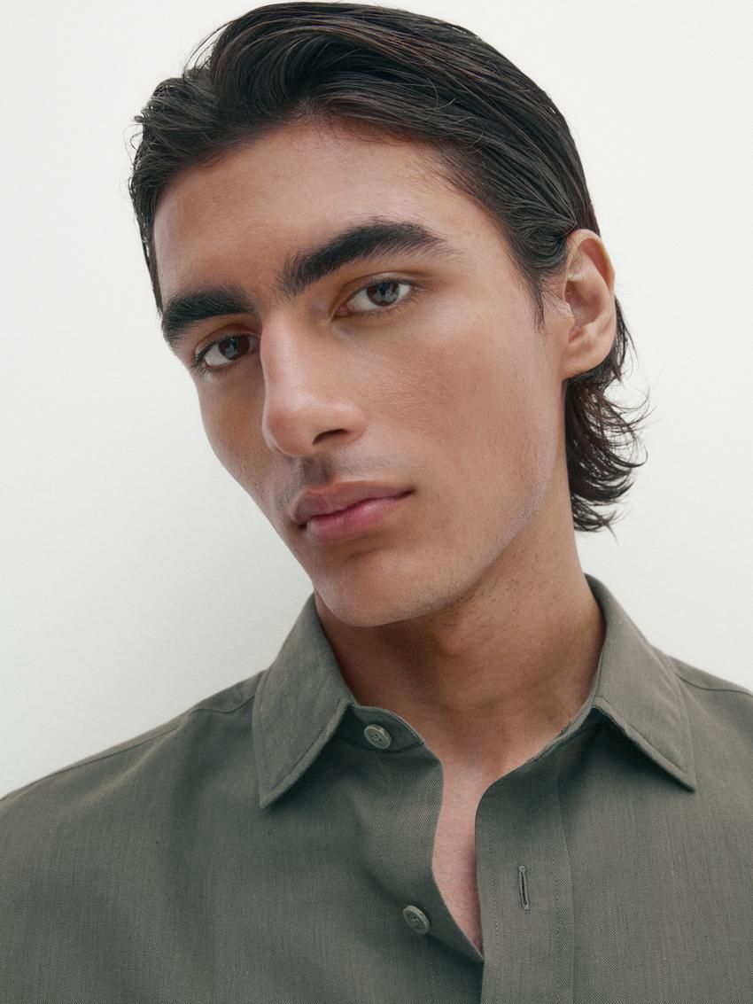 Massimo Dutti Regular Fit Cotton And Linen Blend Twill Men Shirts Green | US-FO6847209