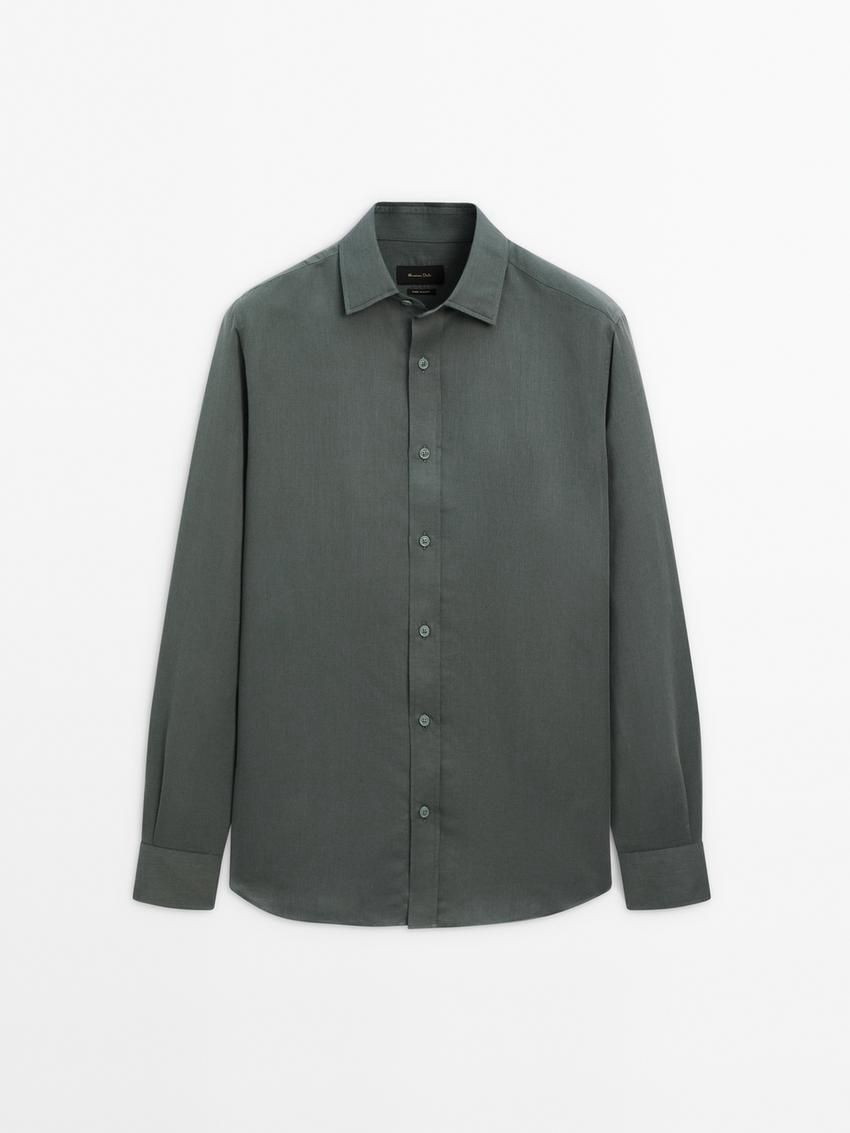 Massimo Dutti Regular Fit Cotton And Linen Blend Twill Men Shirts Green | US-FO6847209
