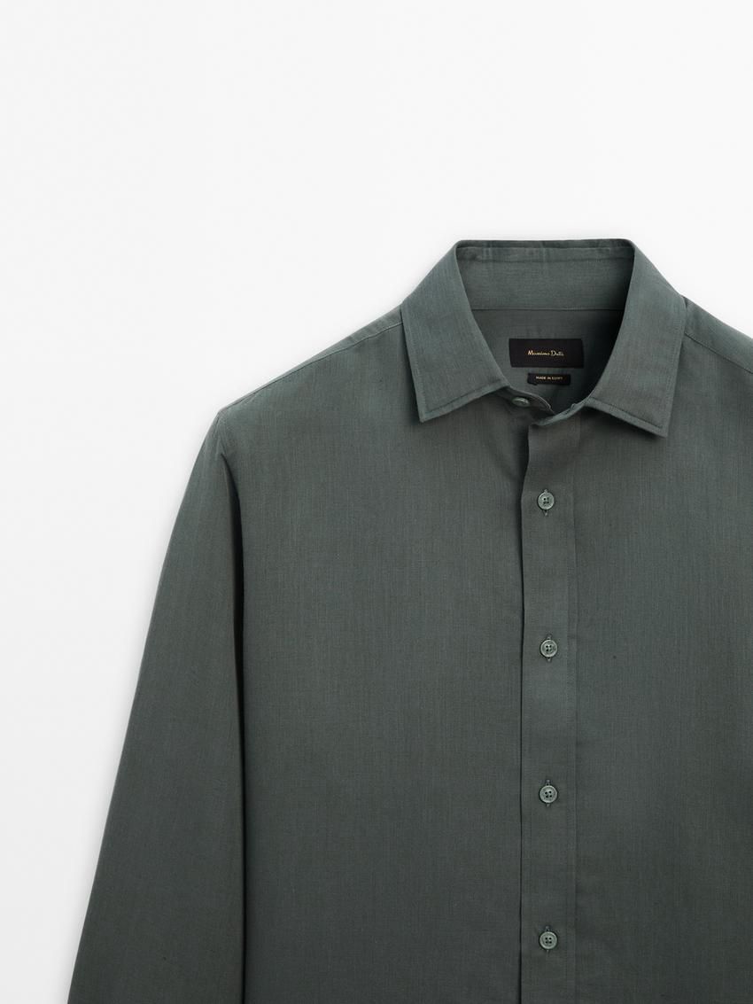 Massimo Dutti Regular Fit Cotton And Linen Blend Twill Men Shirts Green | US-FO6847209
